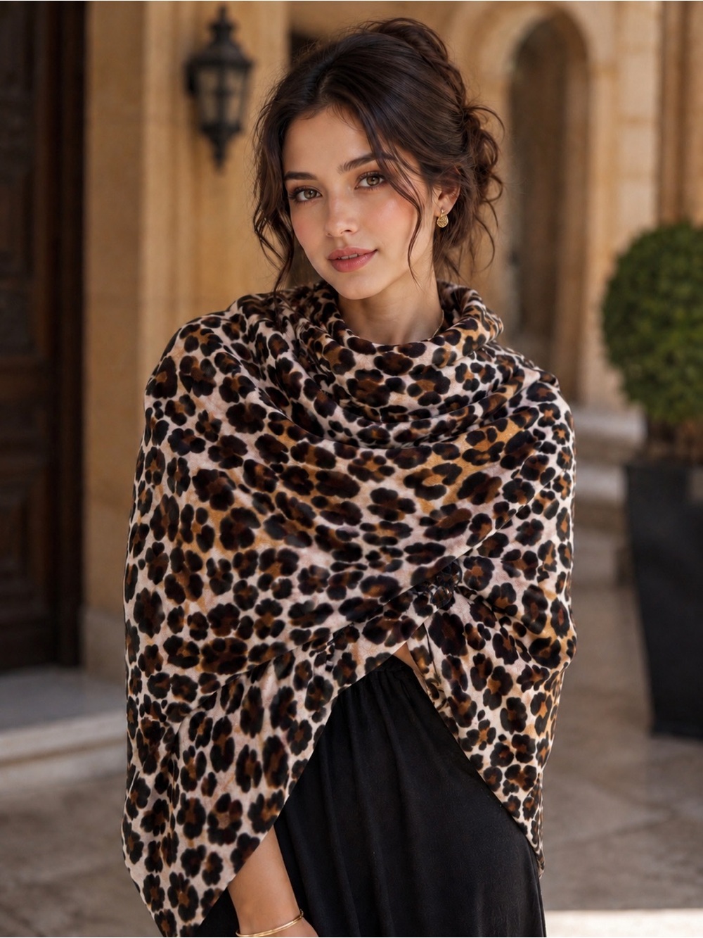 Leopard Print Cozy Wrap Shawl - Brown/Black/Cream
